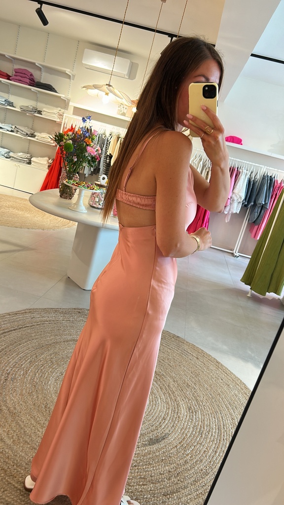 Long Satin Strap Dress Soft Peach