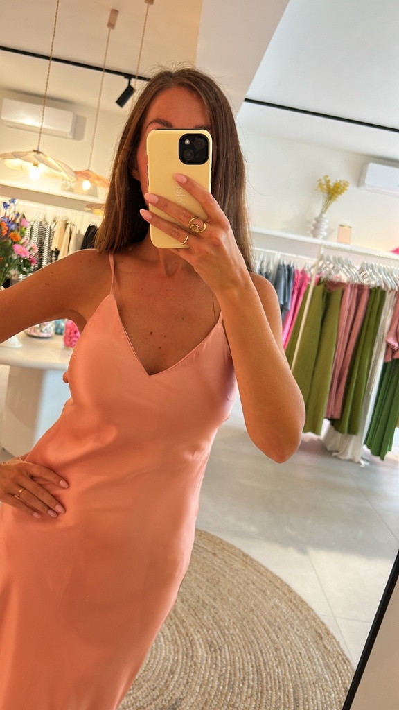 Long Satin Strap Dress Soft Peach