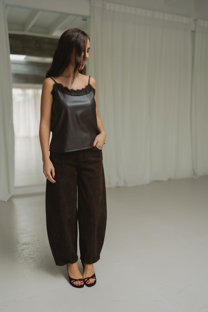 Faux Leather Strap Top Brown