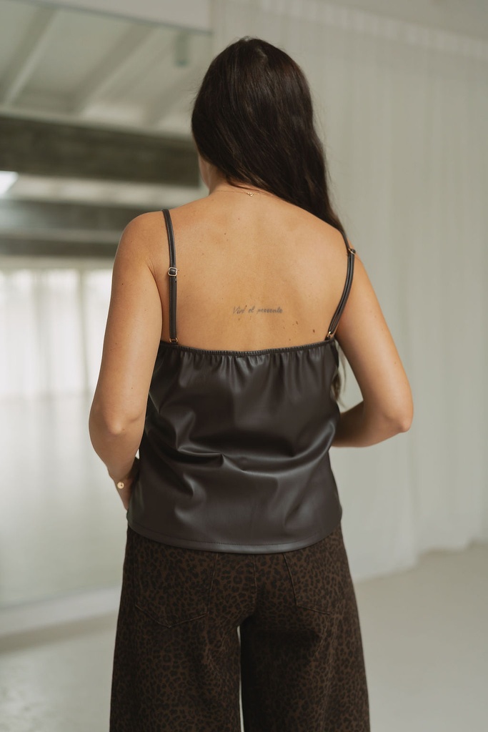 Faux Leather Strap Top Brown