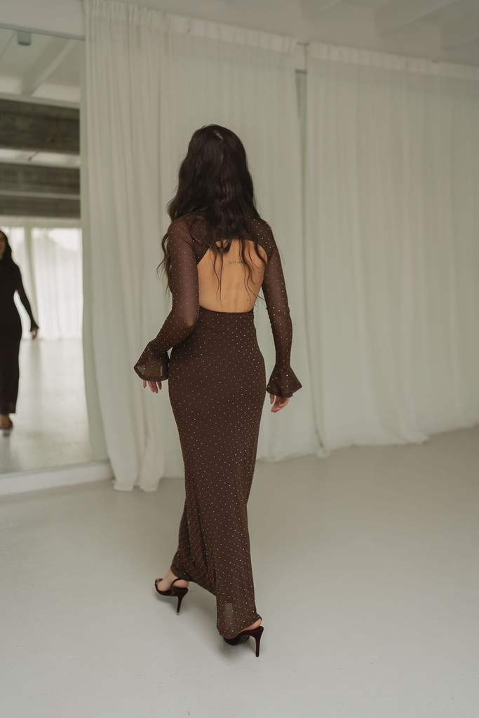 Maxi Dress Mesh Open Back Brown