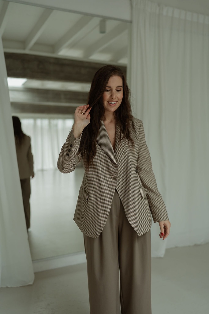 Cinched Checkered Blazer Brown