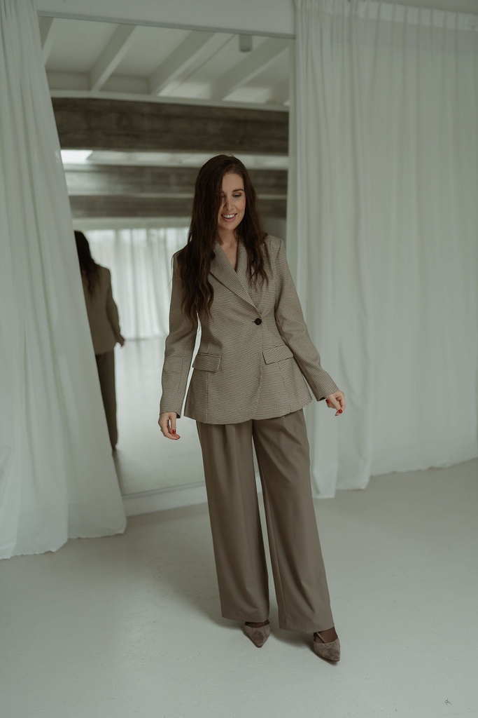 Cinched Checkered Blazer Brown