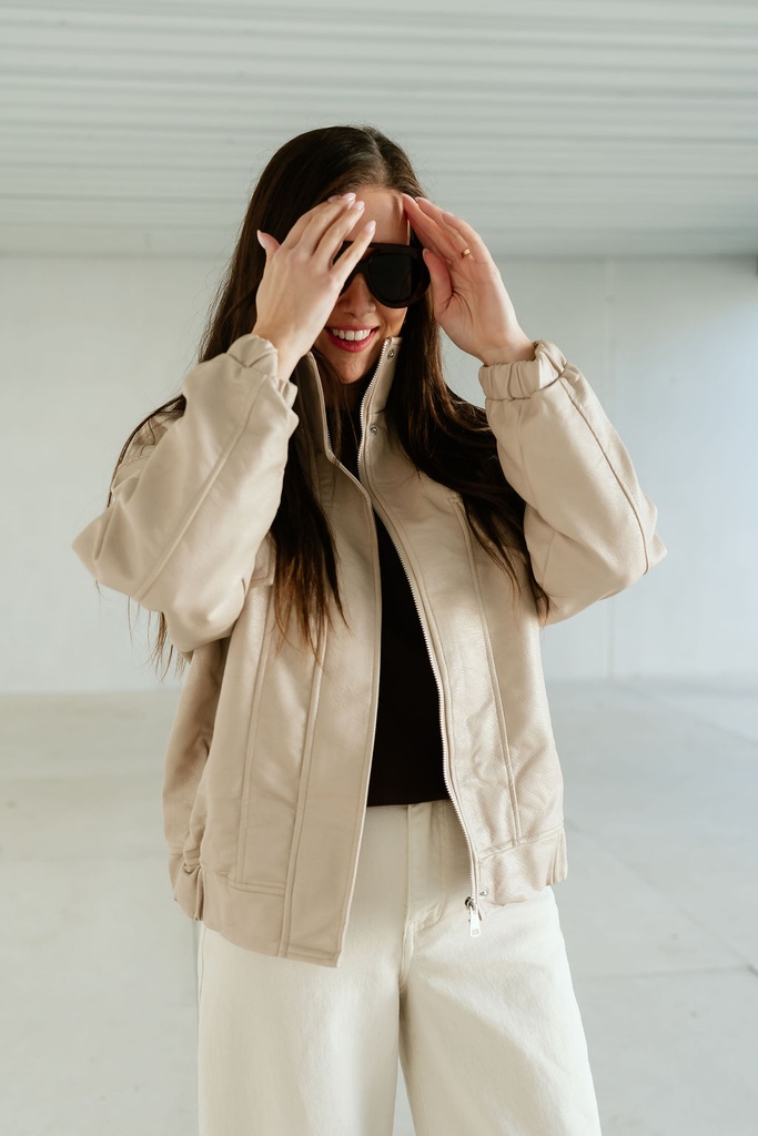 Bomber Jacket Faux Leather Beige