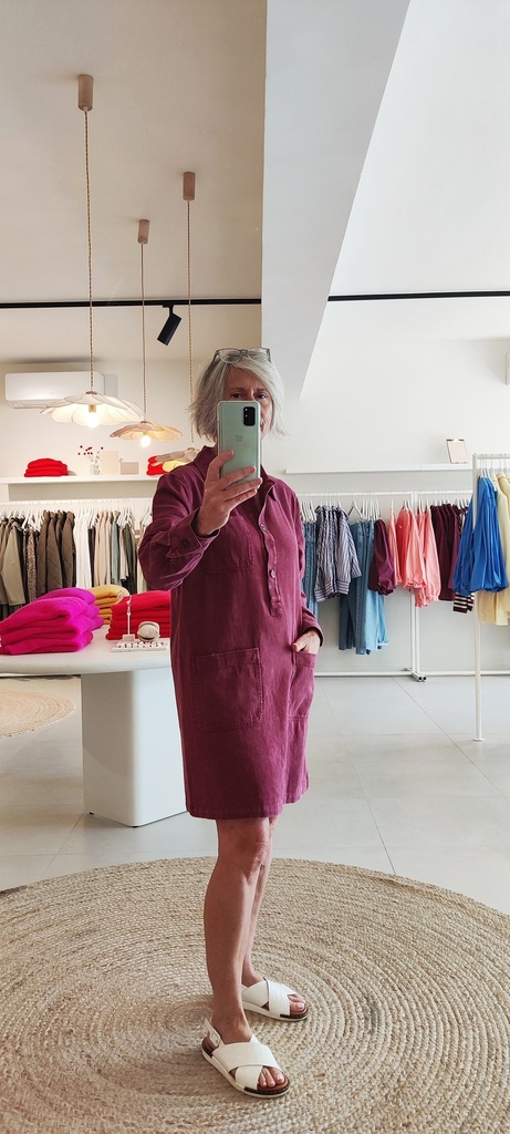 Straight Denim Dress LS Burgundy
