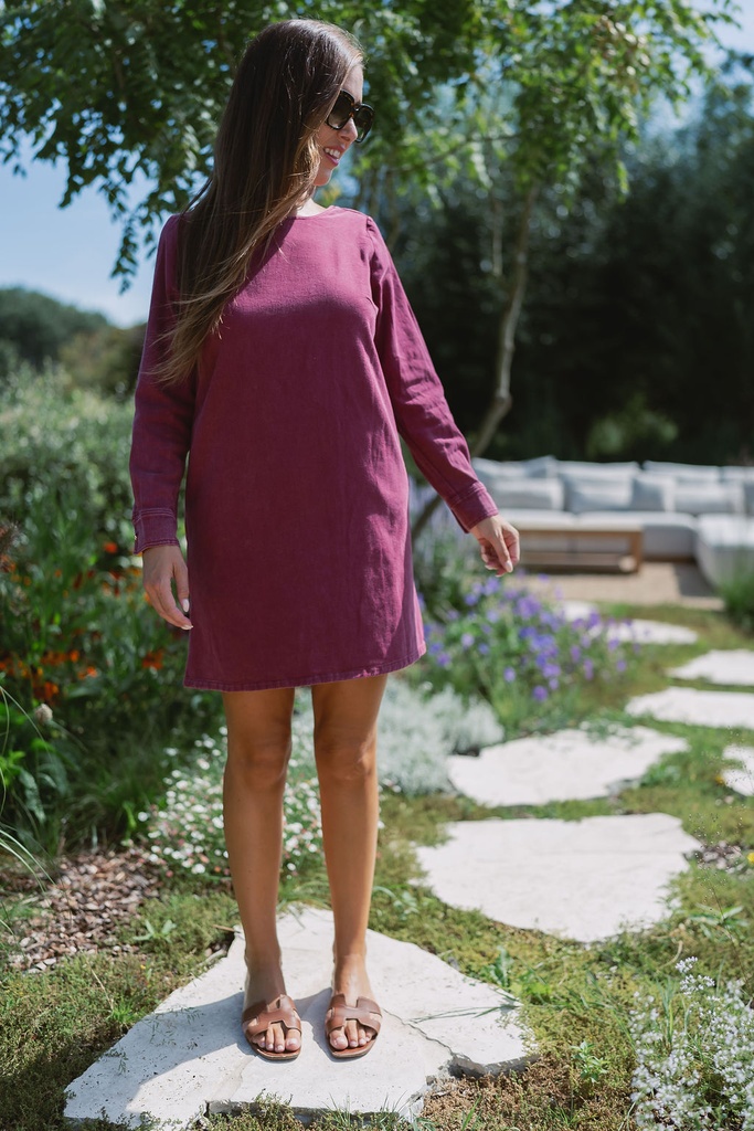 Denim Dress LS Burgundy