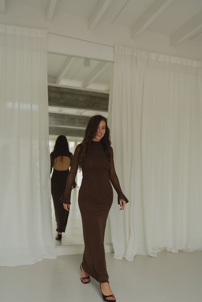 Maxi Dress Mesh Open Back Brown