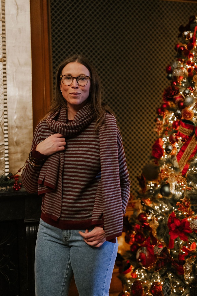 Striped Long Scarf Burgundy/Grey