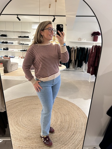 Hazel Striped Knit Beige/Burgundy